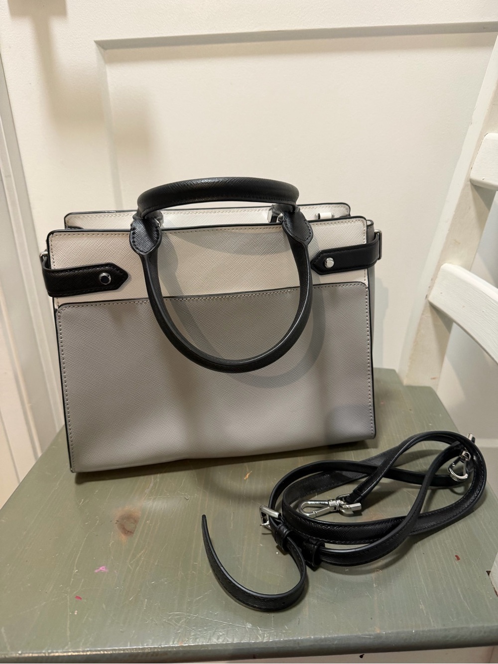 kate spade Two-Tone Leather Satchel in White, Gray & Black Trim - Picture 2 of 2